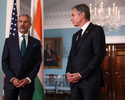 U.S. Secretary of State Antony Blinken and India's External Affairs Minister Subrahmanyam Jaishankar say a few words to the media as they meet at the State Department in Washington, U.S., September 28, 2023. REUTERS/Leah Millis