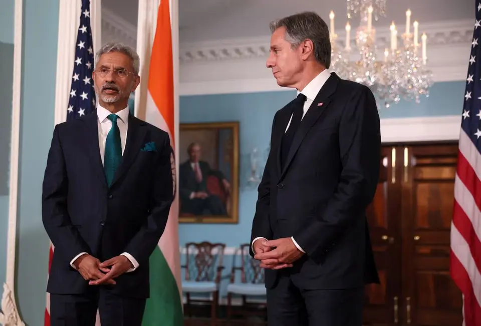 U.S. Secretary of State Antony Blinken and India's External Affairs Minister Subrahmanyam Jaishankar say a few words to the media as they meet at the State Department in Washington, U.S., September 28, 2023. REUTERS/Leah Millis