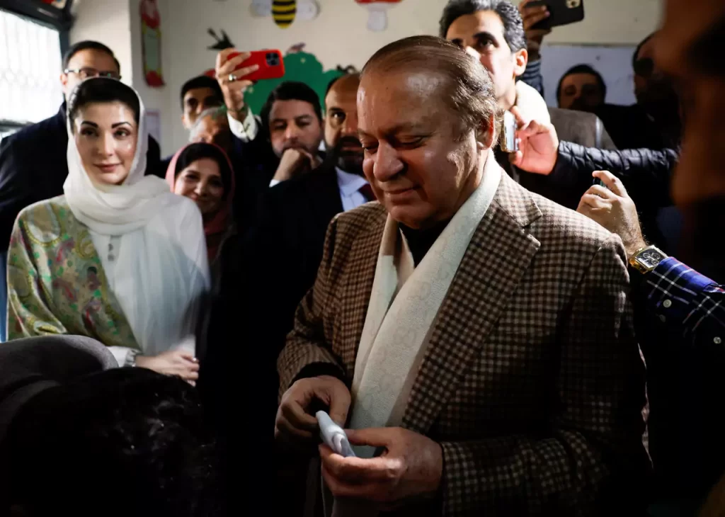 Former Prime Minister Nawaz Sharif smiles on the day he casts his vote at a polling station during the general election in Lahore, Pakistan, February 8, 2024. REUTERS/Navesh Chitrakar