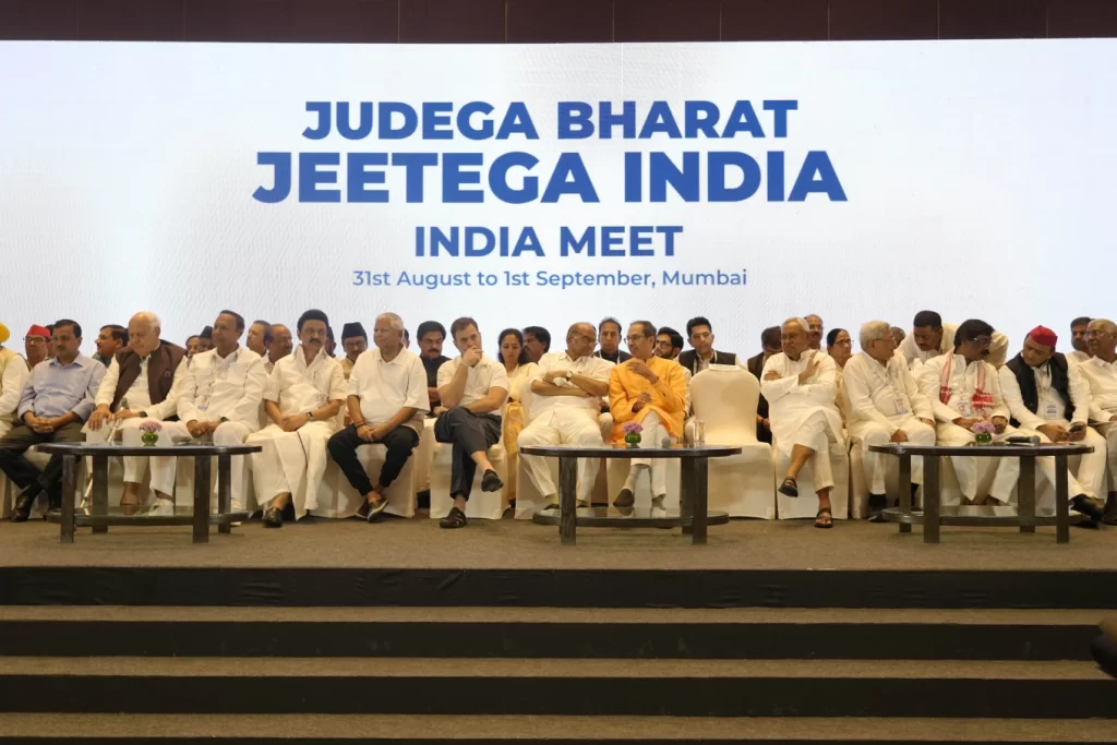 Leaders from the opposition INDIA alliance sit for a press briefing in Mumbai, India, Friday, Sept. 1, 2023. (AP Photo/Rajanish Kakade, File)