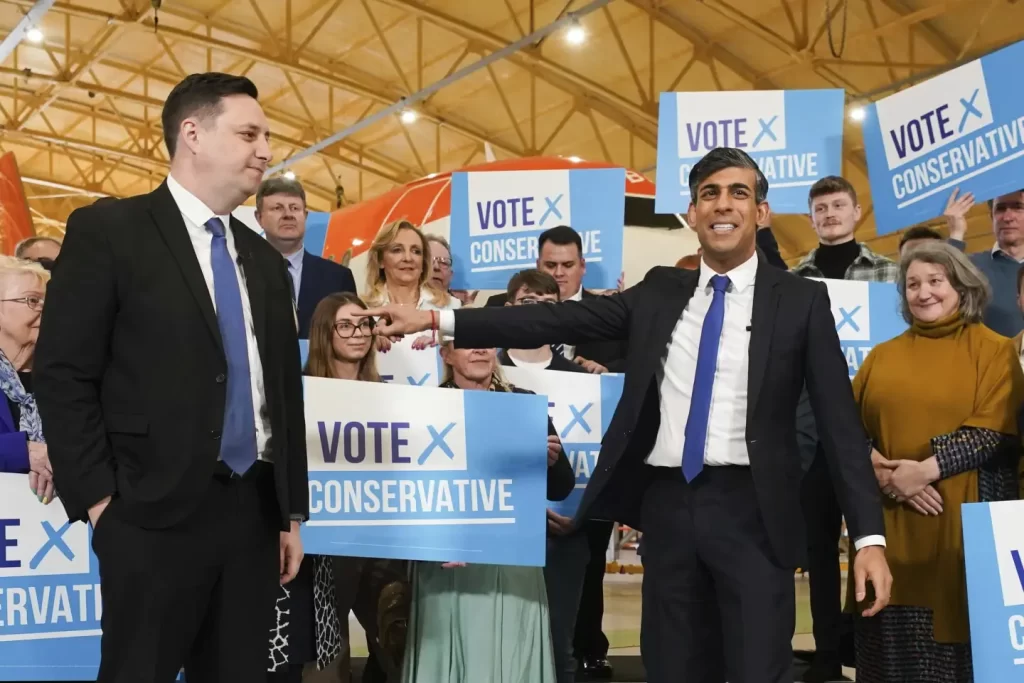 Conservative party candidate Lord Ben Houchen, left, with Britain’s Prime Minister Rishi Sunak following his re-election as Tees Valley Mayor in Teesside, England, Friday May 3, 2024. (Owen Humphreys/PA via AP)