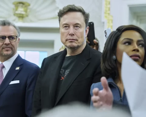 Elon Musk looks on as President Donald Trump meets South African President Cyril Ramaphosa in the Oval Office of the White House, Wednesday, May 21, 2025, in Washington