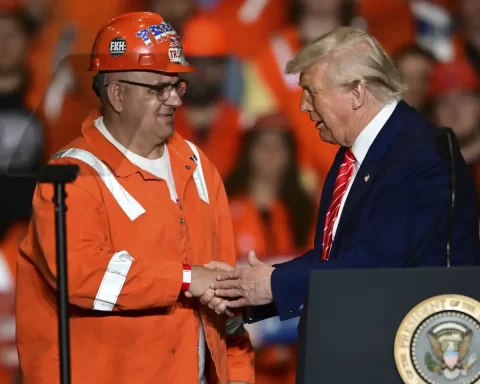 President Donald Trump greets steel worker Brian Pavlack as he speaks at the U.S. Steel Mon Valley Works-Irvin plant, Friday, May 30, 2025, in West Mifflin, Pa.