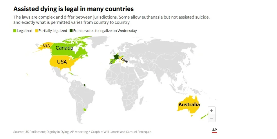 France’s National Assembly gives final approval to assisted-dying bill after years of debate 1 assisted dying legal countries