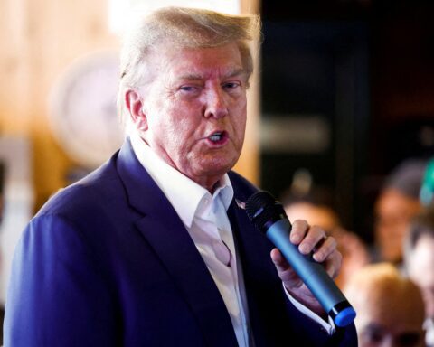 Republican presidential candidate and former U.S. President Donald Trump speaks as he campaigns at the Iowa State Fair in Des Moines, Iowa, U.S. August 12, 2023. REUTERS/Evelyn Hockstein
