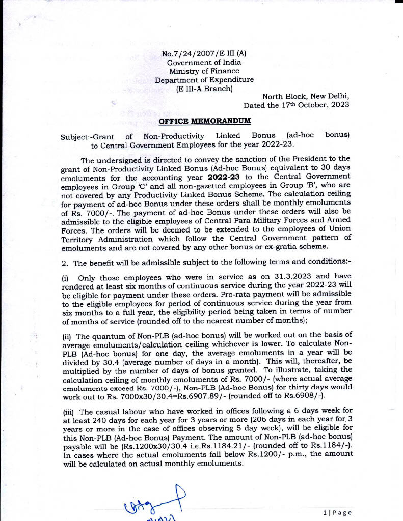 FinMin fixes ceiling for ad hoc bonus at Rs 7,000 for govt employees 1 adhoc bonus 1