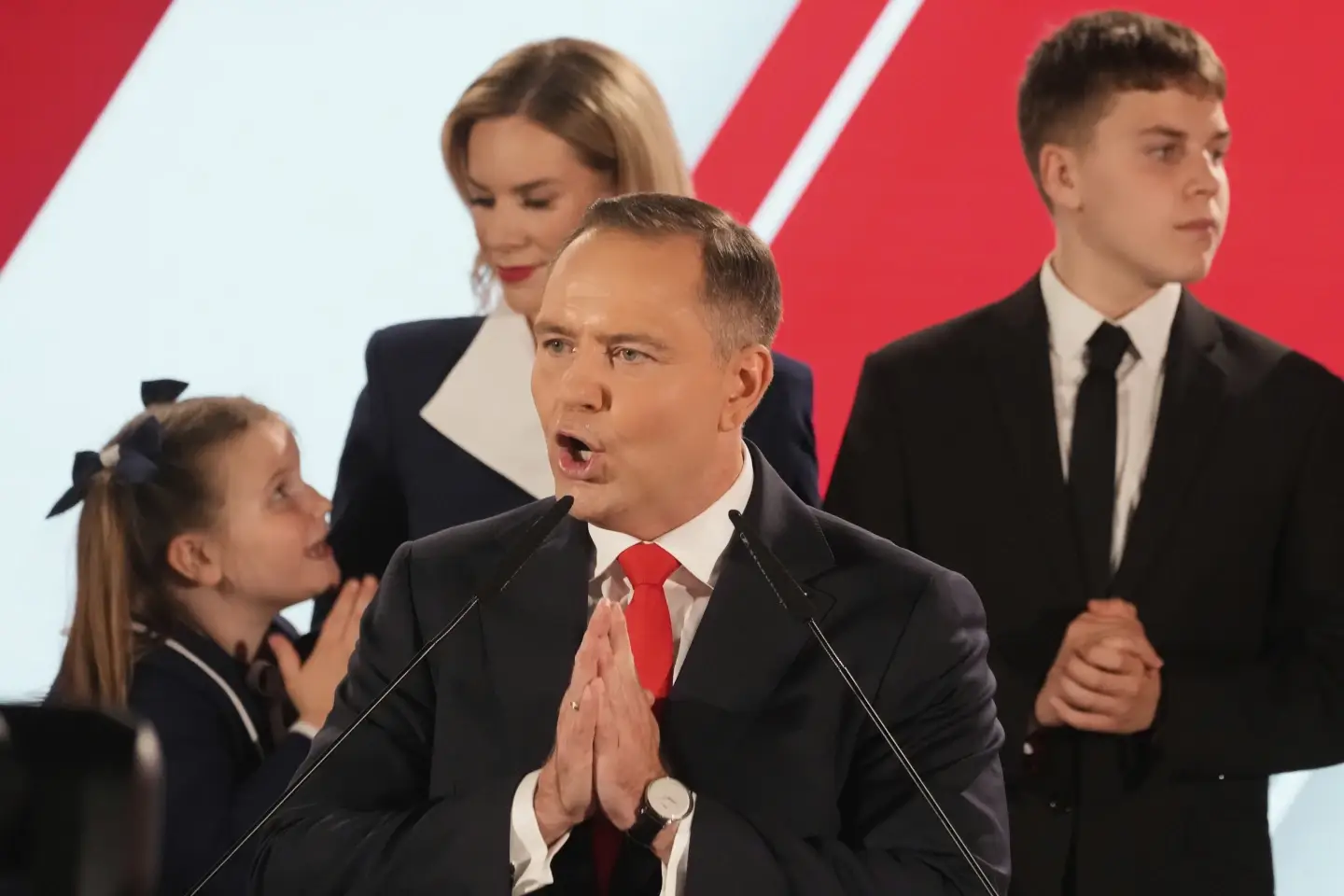 Presidential candidate Karol Nawrocki, a conservative historian backed by the right-wing Law and Justice party addresses supporters at his headquarters after the presidential election runoff in Warsaw, Poland, Sunday, June 1, 2025. (Photo: AP)
