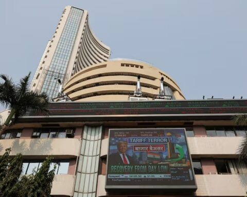 A screen displays an image of U.S. President Donald Trump at the Bombay Stock Exchange (BSE) in Mumbai, India. (Photo: Reuters