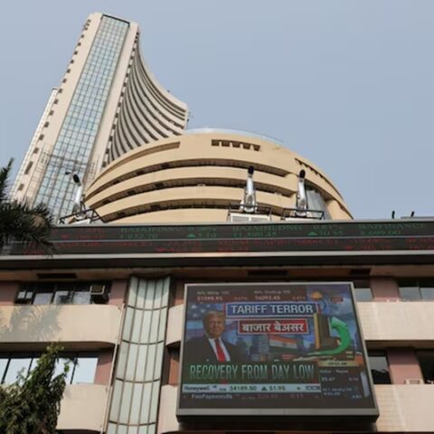 A screen displays an image of U.S. President Donald Trump at the Bombay Stock Exchange (BSE) in Mumbai, India. (Photo: Reuters