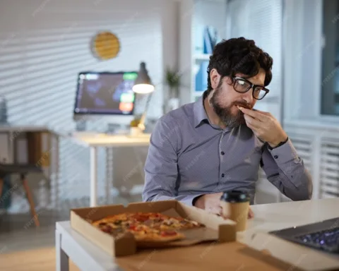 An Indian hardworking software developer eating pizza and using laptop while sitting in office late at night. (Photo: Freepik)