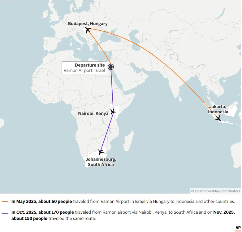 AP finds an Israeli group discreetly organized the mystery flights evacuating Palestinians from Gaza 1 Flight paths used to transfer Palestinians out of Gaza