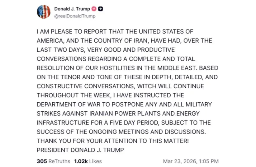 Trump postpones military strikes for five days on Iranian power plants 1 Trump said in social