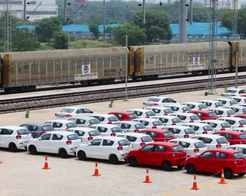 Maruti Suzuki Celerio cars are parked beside an in-plant railway siding at Maruti Suzuki's plant in Manesar, Haryana, India, June 17, 2025. REUTERS/Bhawika Chhabra/File Photo