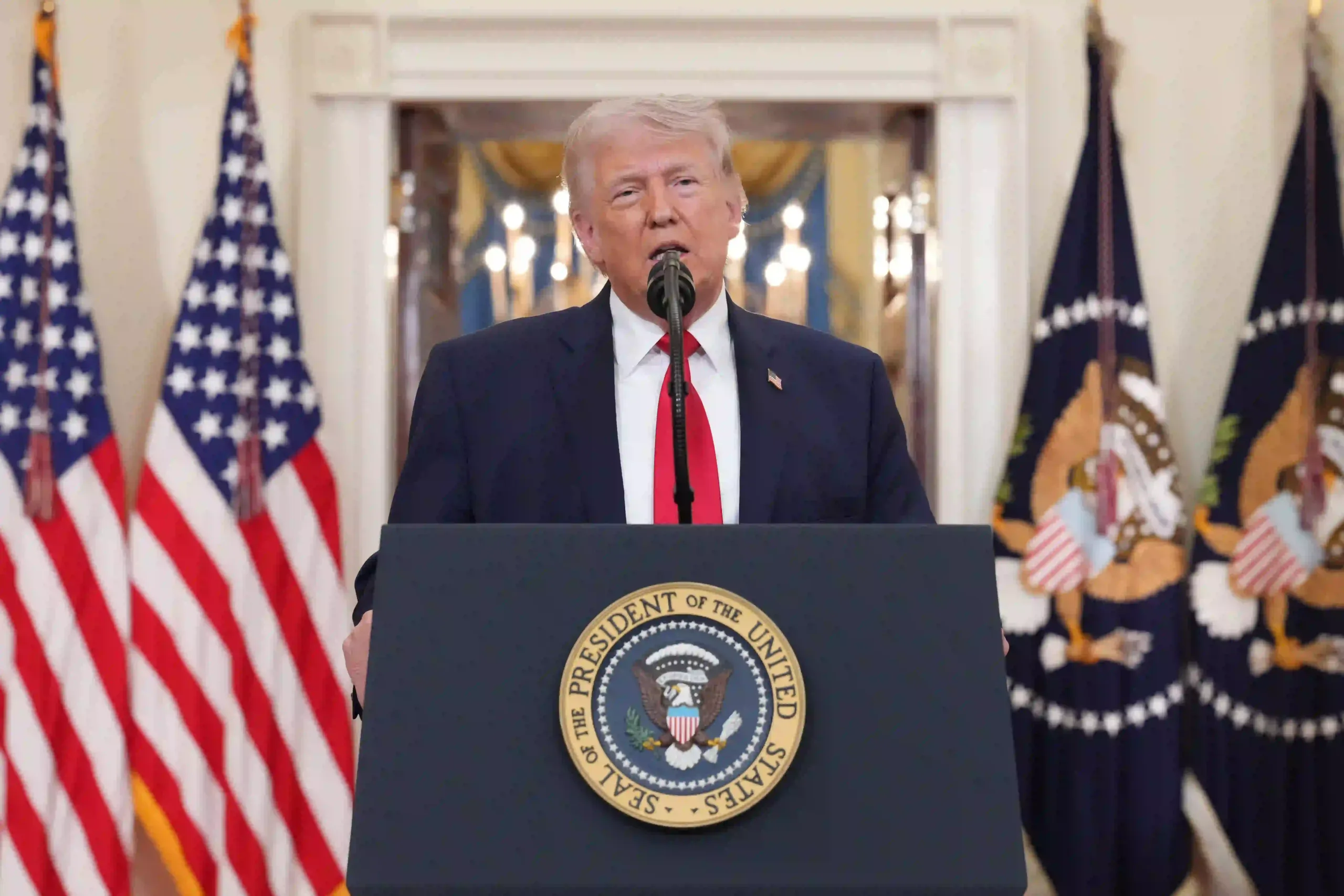 President Donald Trump speaks about the Iran war from the Cross Hall of the White House on Wednesday, April 1, 2026, in Washington.