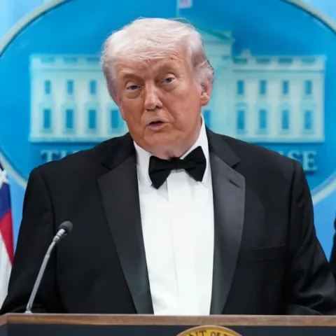 President Donald Trump speaks in the James Brady Press Briefing Room at the White House after an unspecified threat at the annual White House Correspondents’ Association Dinner in Washington, Saturday, April 25, 2026. (AP Photo/Jose Luis Magana)