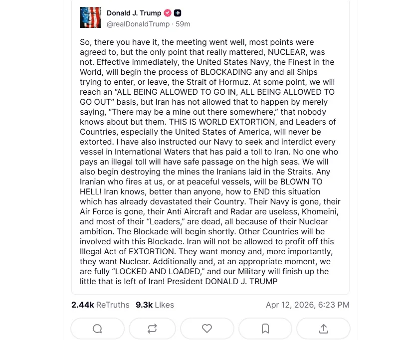 Trump says US to start blockading the Strait of Hormuz immediately 1 US to start blockading