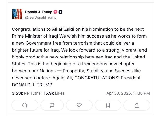 Trump gives his blessing to Iraq’s new pick for prime minister and invites al-Zaidi to Washington 1 Trump Zaidi